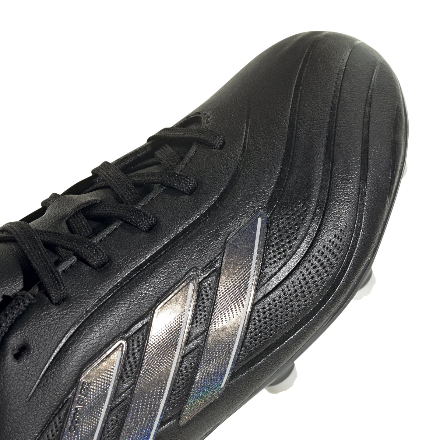Black soccer boot with silver accents on a white background