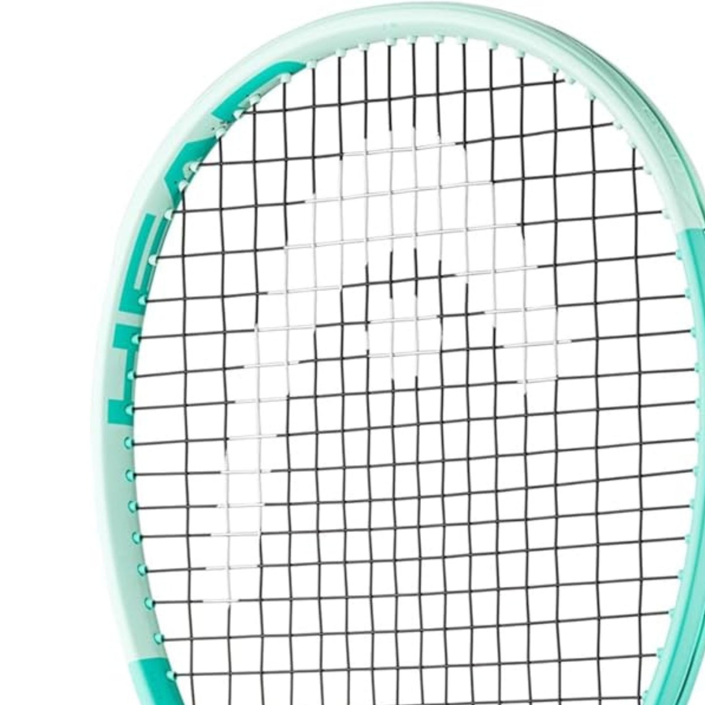 Close-up of a tennis racket with a white strings and turquoise frame on a white background