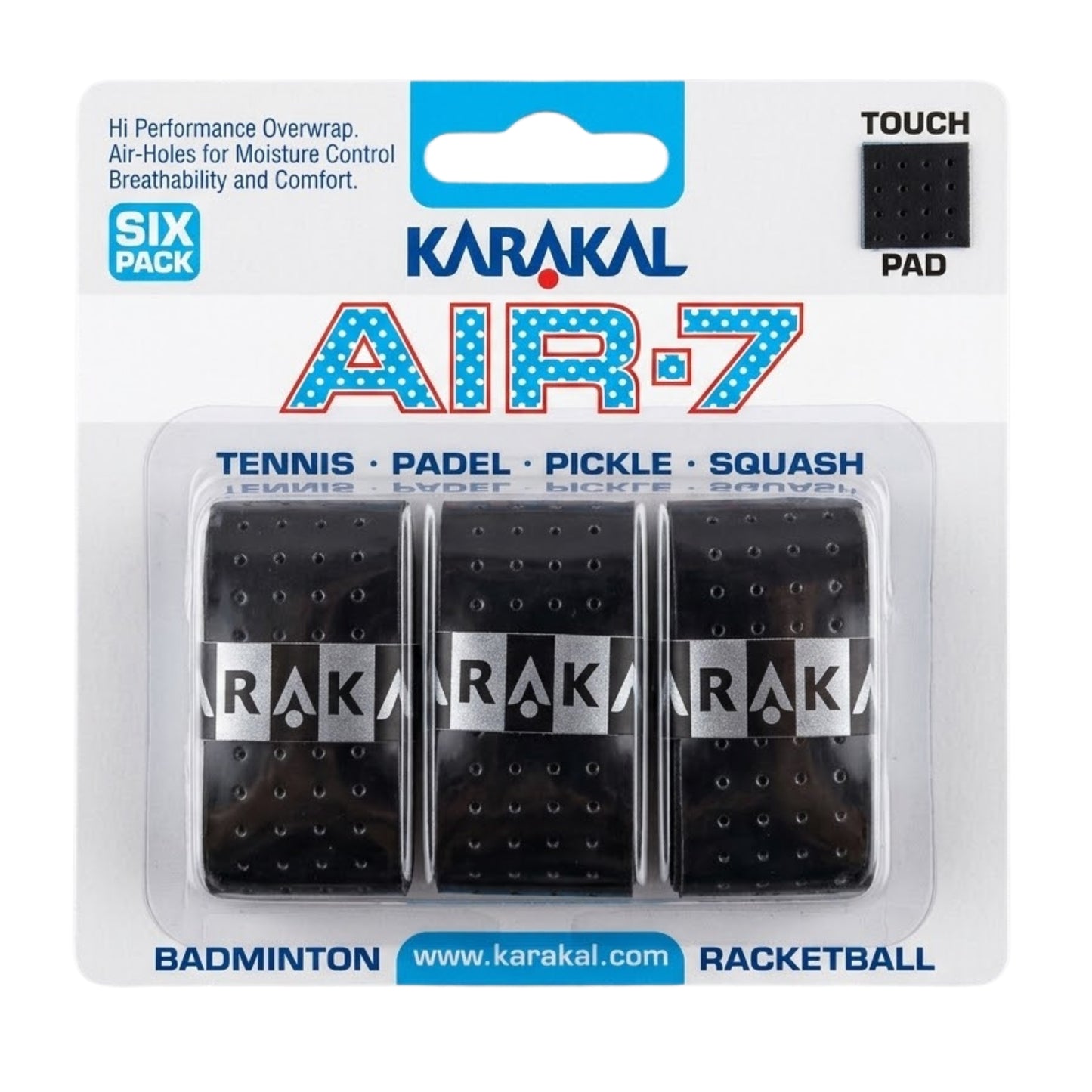 Pack of Karakal Air-7 tennis overgrips with brand logo and product details on a white background.