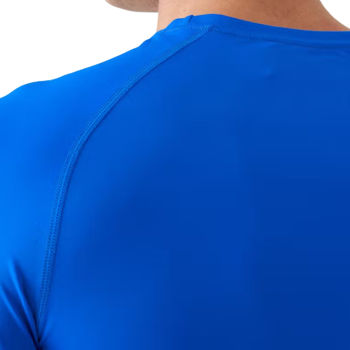 Close-up of a blue athletic shirt on a white background