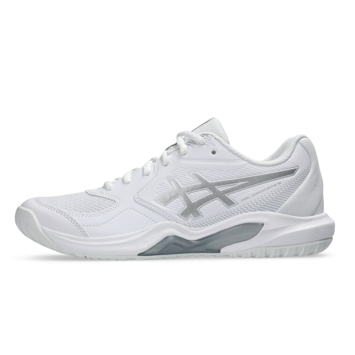 A white tennis shoe with a silver ASICS logo, shown in a side profile view against a plain white background.