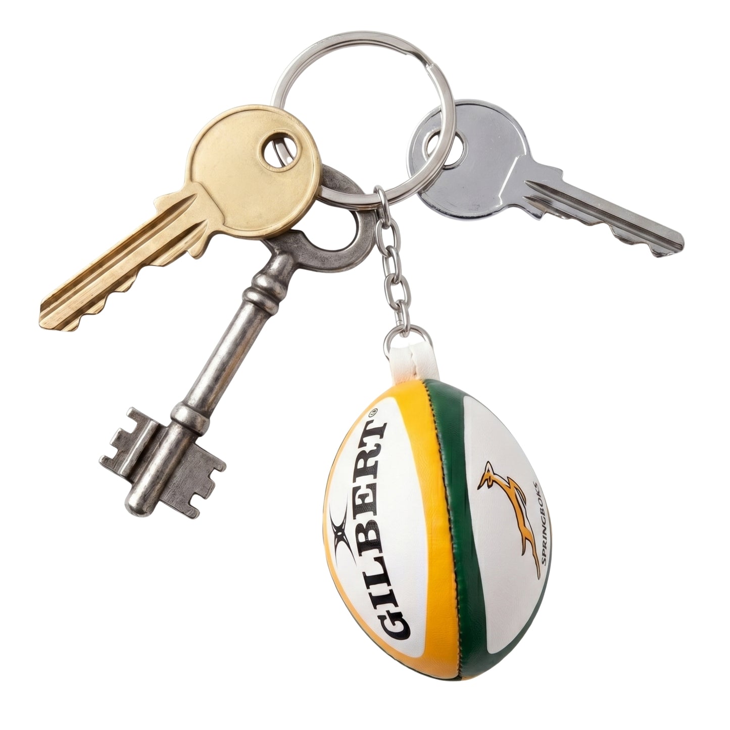 Keychain with keys and a rugby ball charm on a white background