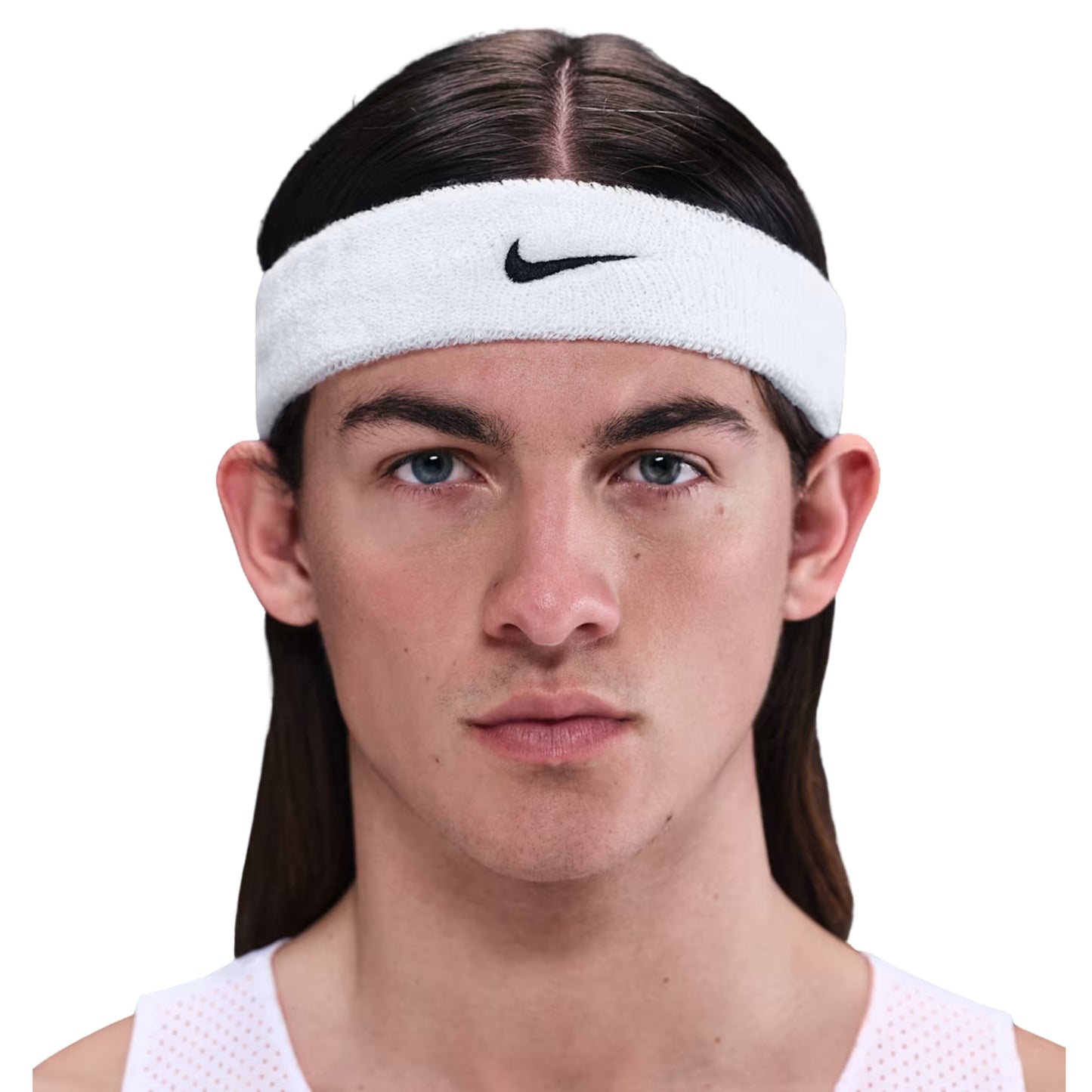 Person wearing a white Nike headband on a white background