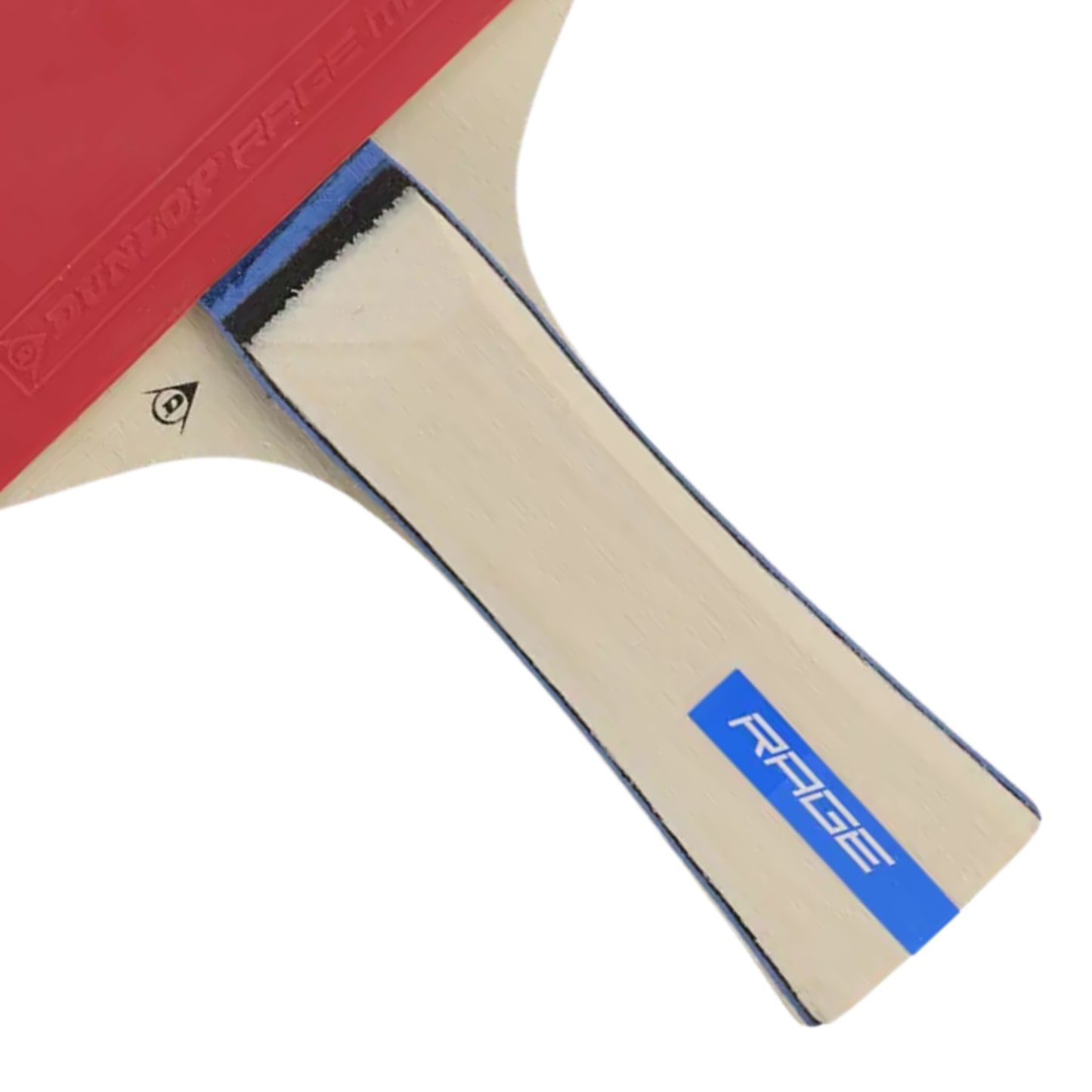Close-up of a table tennis bat with red rubber and blue tape on a white background