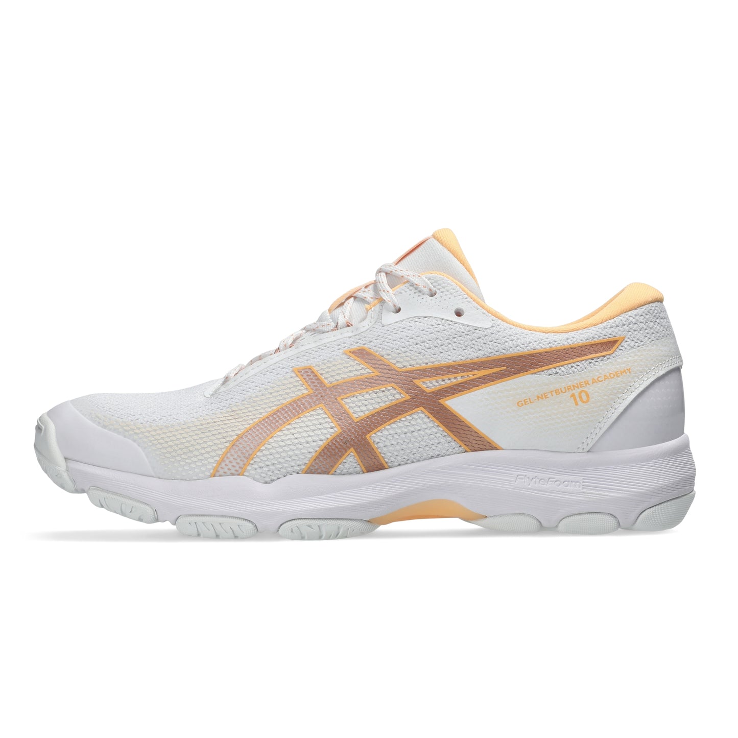 A white ASICS netball shoe with metallic gold stripes and a light peach-orange collar, shown in a side profile on a white background.