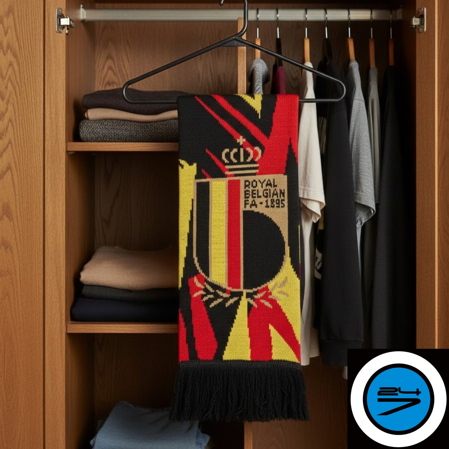 Black, red and yellow scarf with branding hanging in a wardrobe