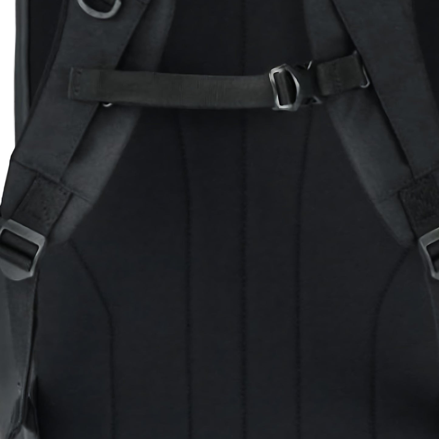 Close-up of a black backpack with straps on a white background
