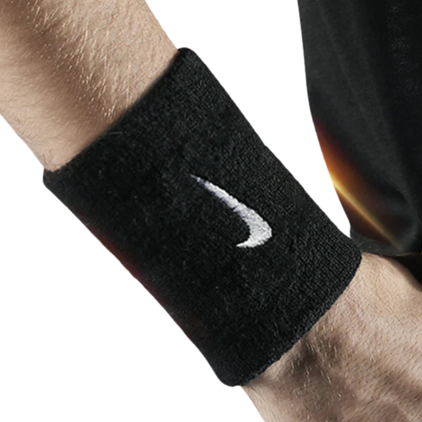 Black wristband with a logo on a person's wrist against a white background