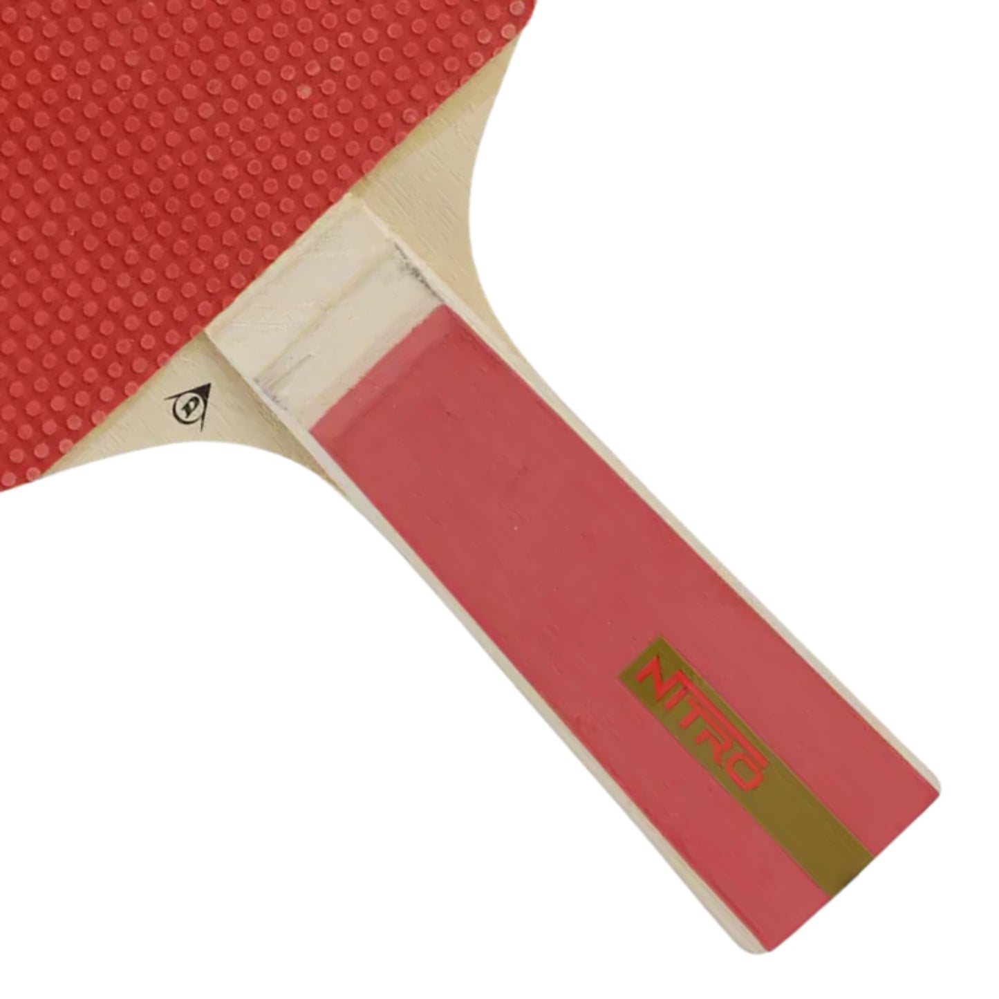 Close-up of a red table tennis bat with a white handle on a white background