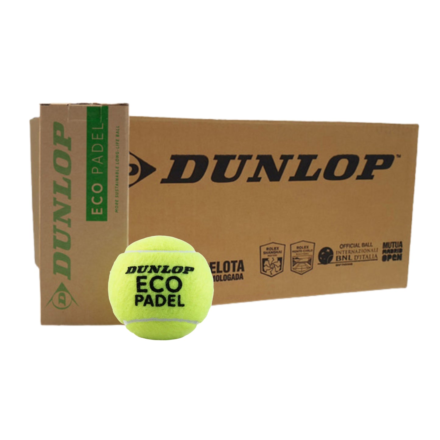 Dunlop Eco Padel tennis ball with a box on a white background