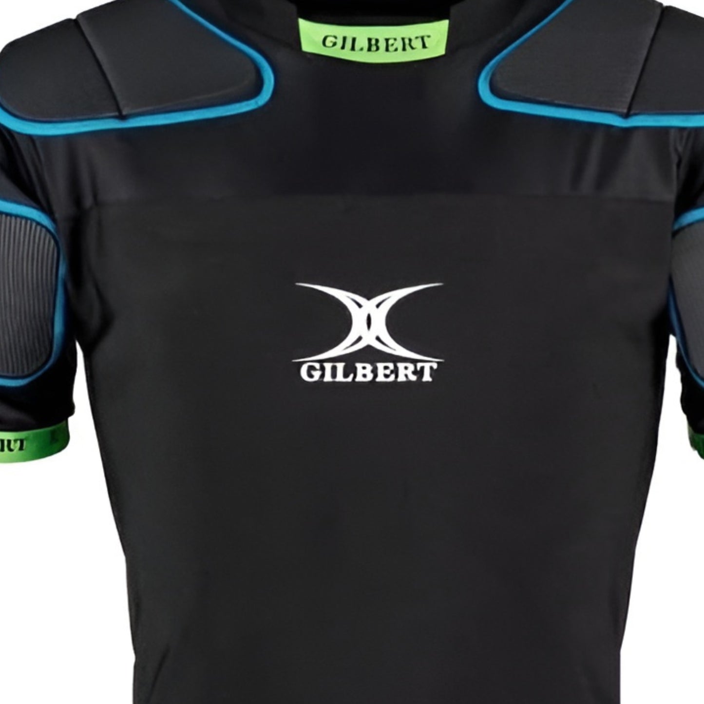 Black Gilbert Amour with shoulder pads and green accents on a white background