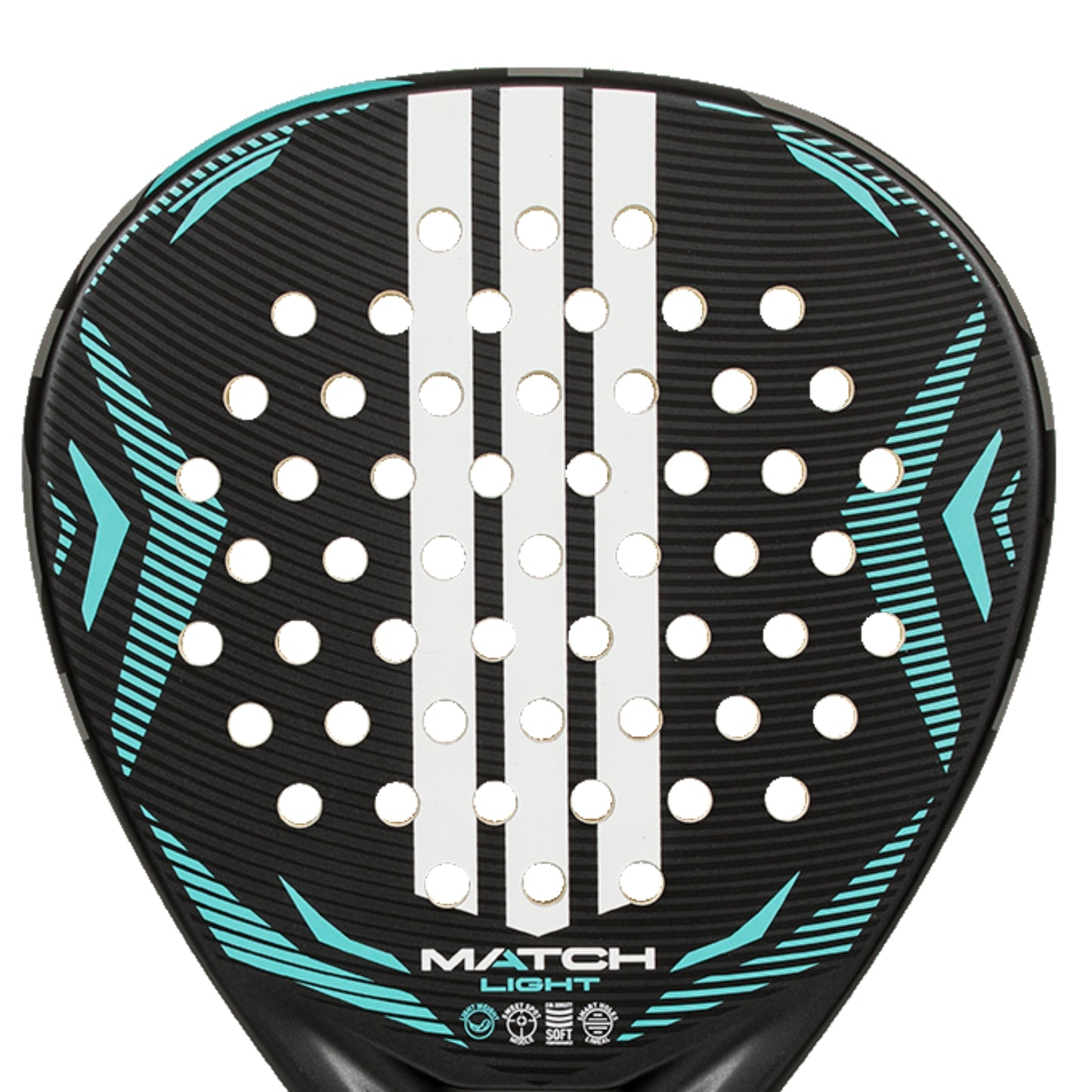 Padel racket with black and teal design on a white background