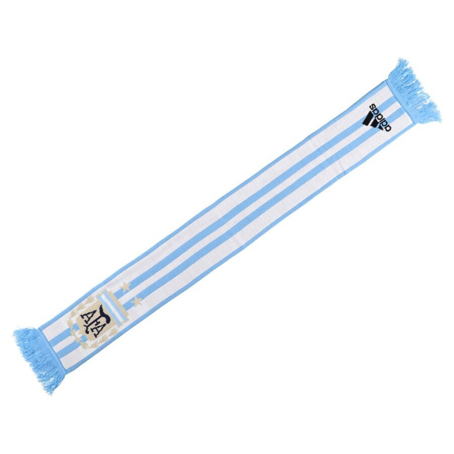 Blue and white striped scarf with Adidas logo on a white background