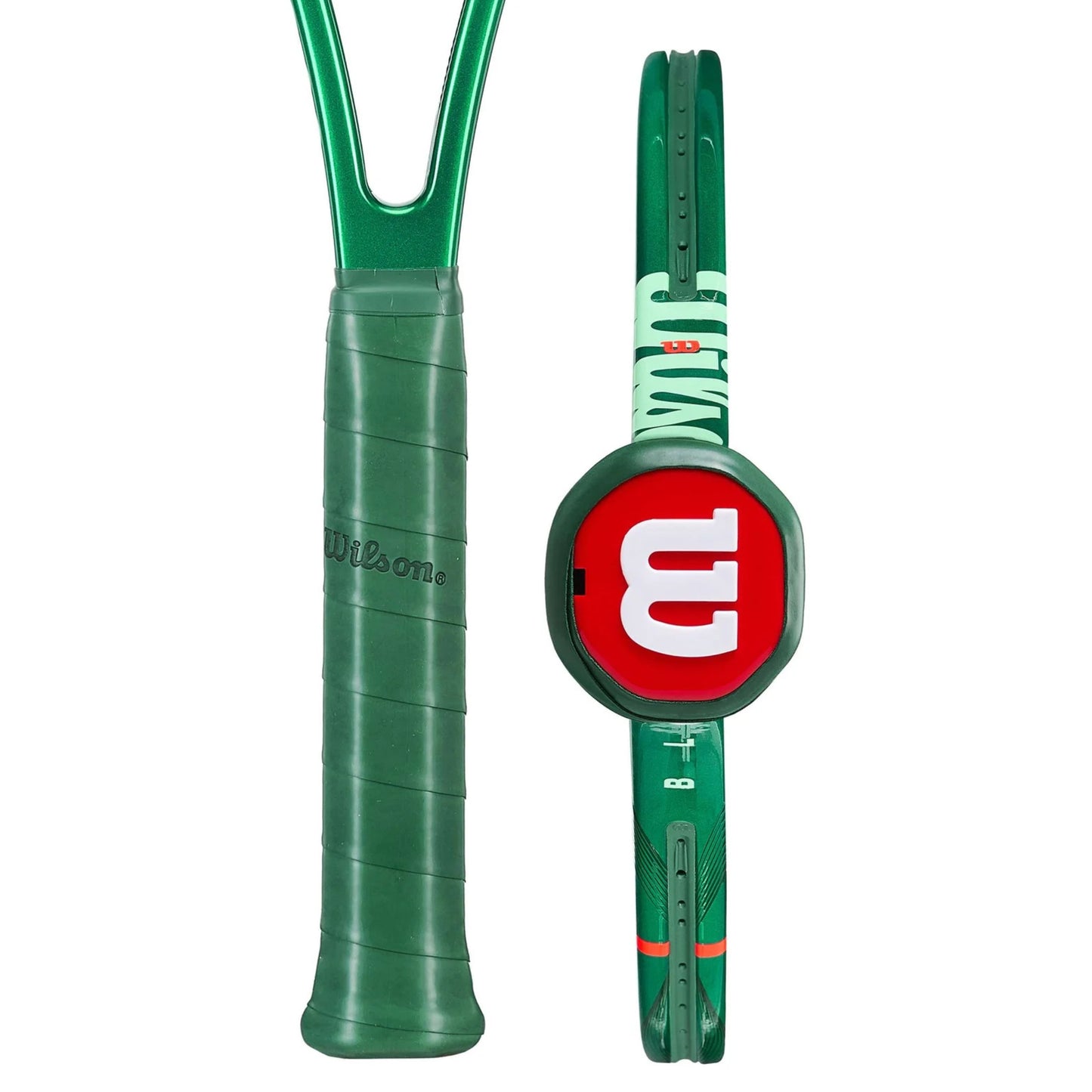 Green tennis racket with red and white Wilson logo on a white background