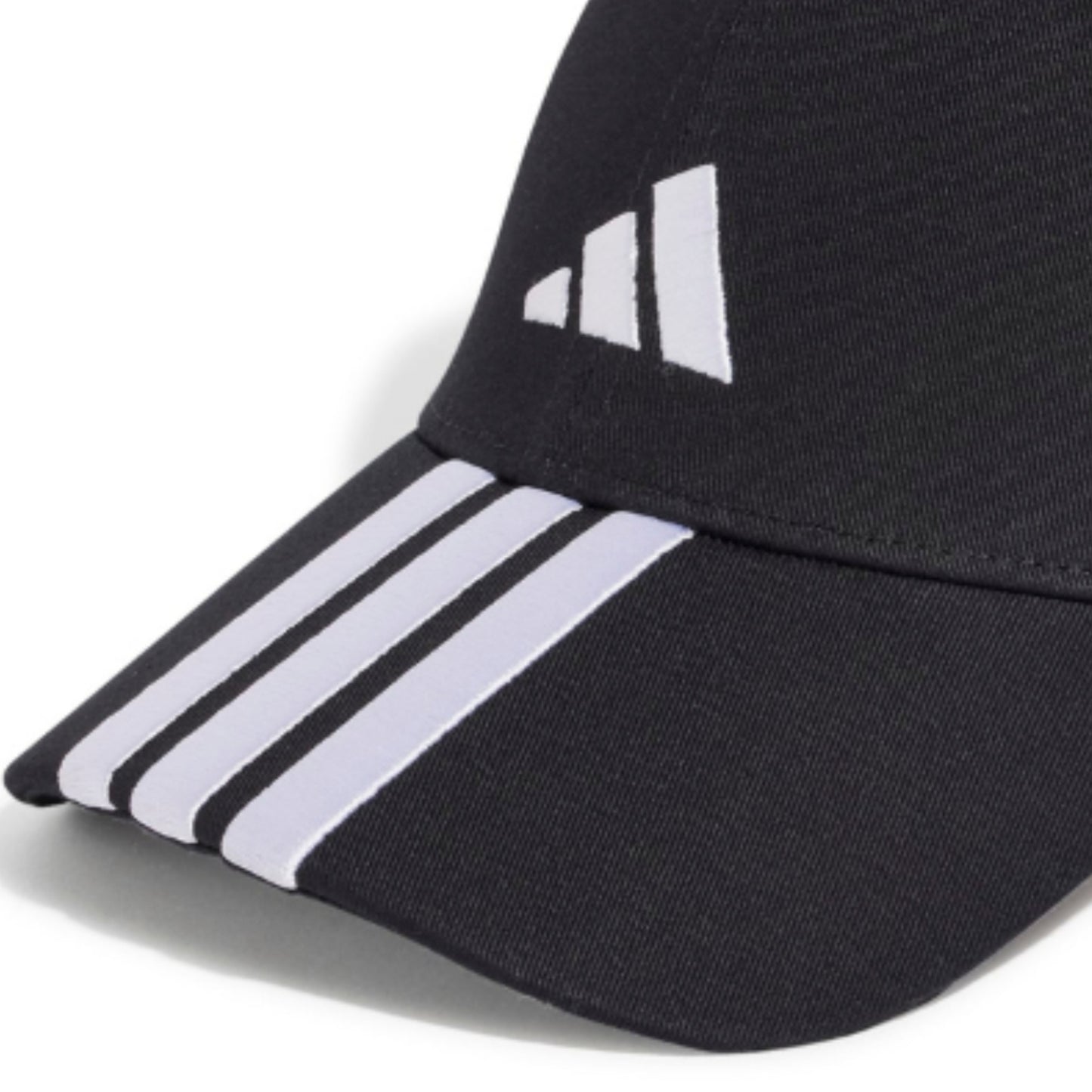 Black cap with white stripes and Adidas logo on a white background