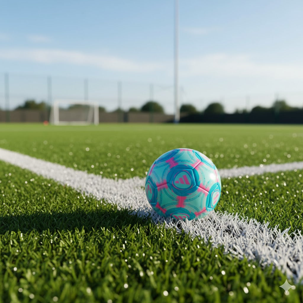 Adidas pink and blue mini soccer ball on a grass field with a clear sky
