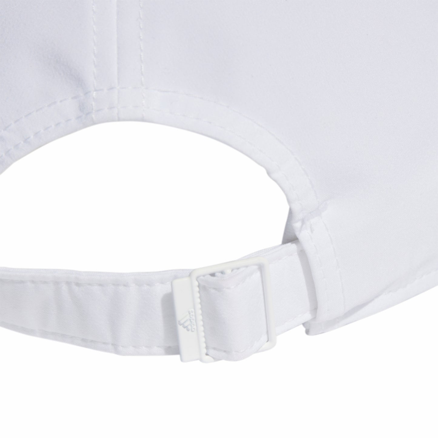 Close-up of a white cap with a brand logo on a white background