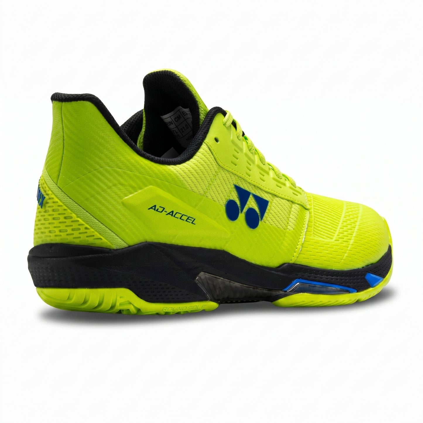 Neon green athletic shoe with black accents on a white background