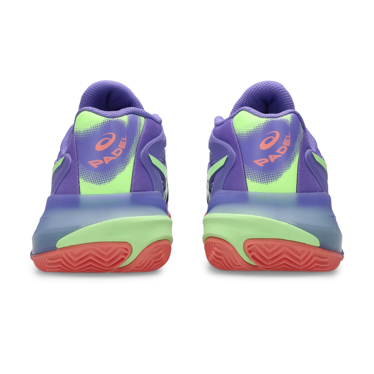 Purple and green padel shoes with red soles on a white background