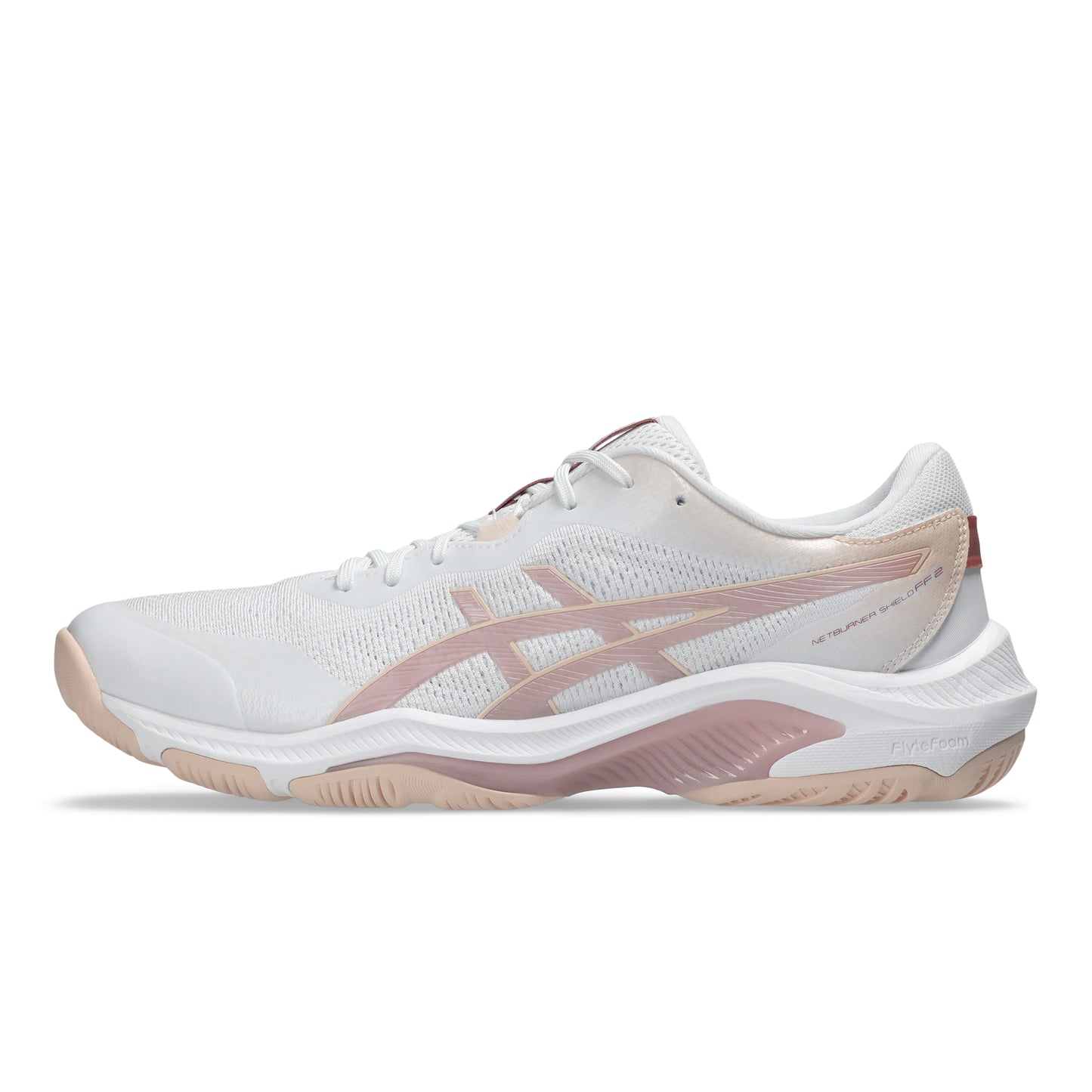 White and pink netball shoe on a white background