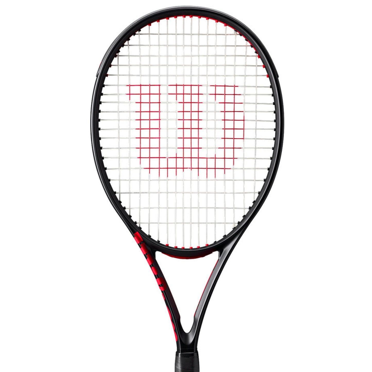 Tennis racket with black and red design on a white background