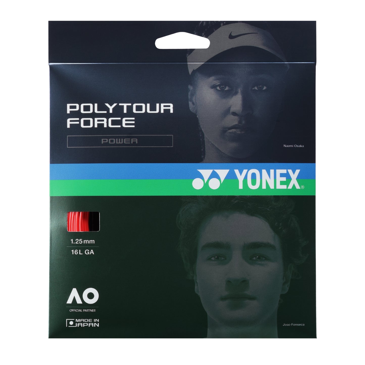 Yonex Polytour Force tennis string package with player images on a black background