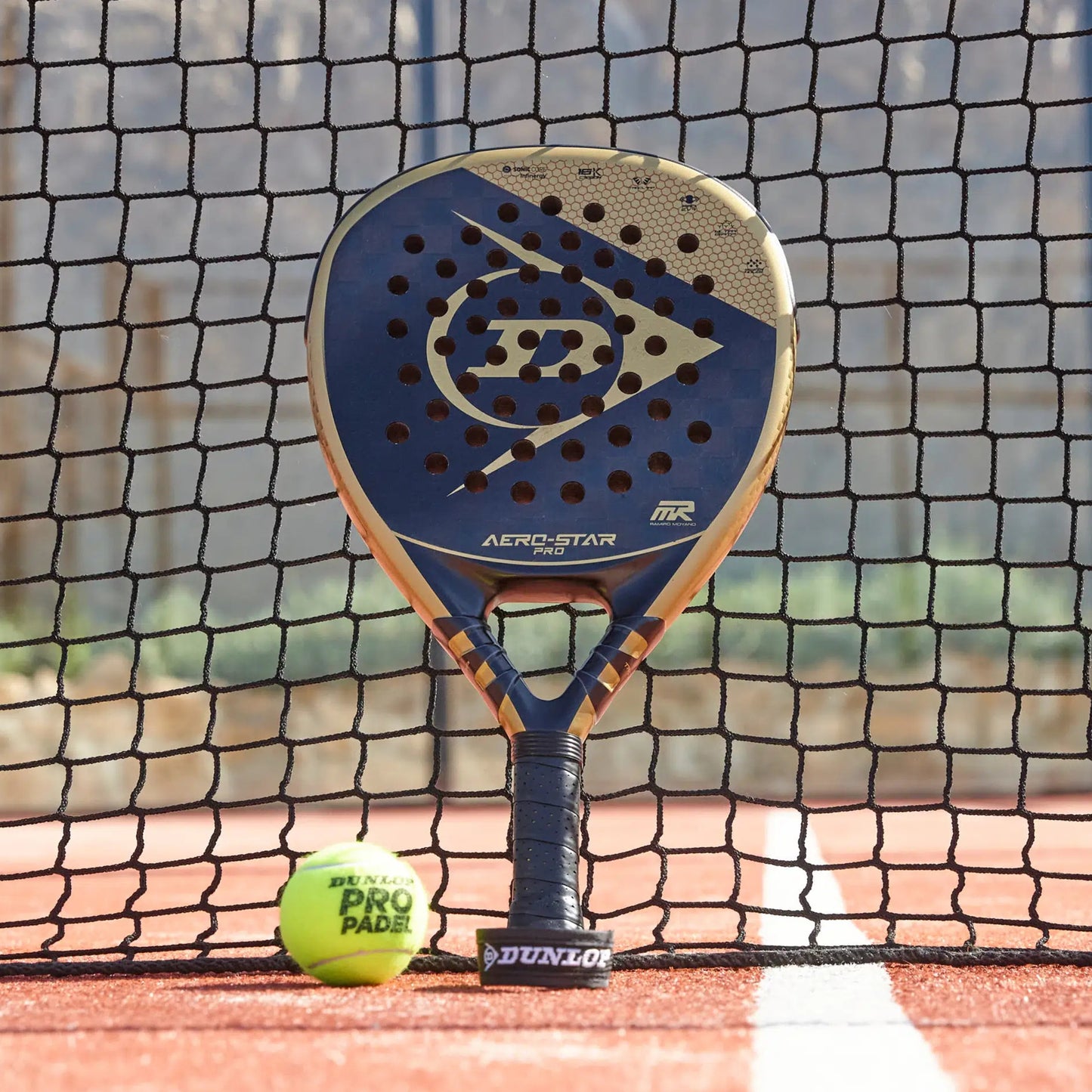 Paddle and ball on a tennis court with a net in the background