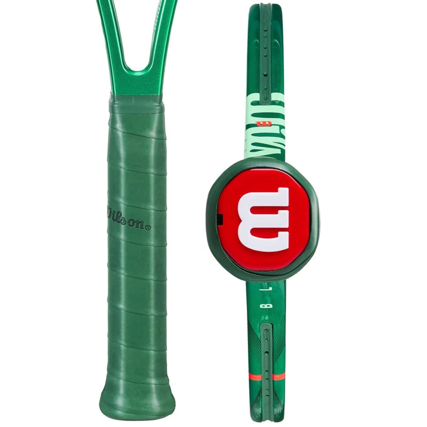 Green Wilson tennis racket with red Wilson logo on a white background