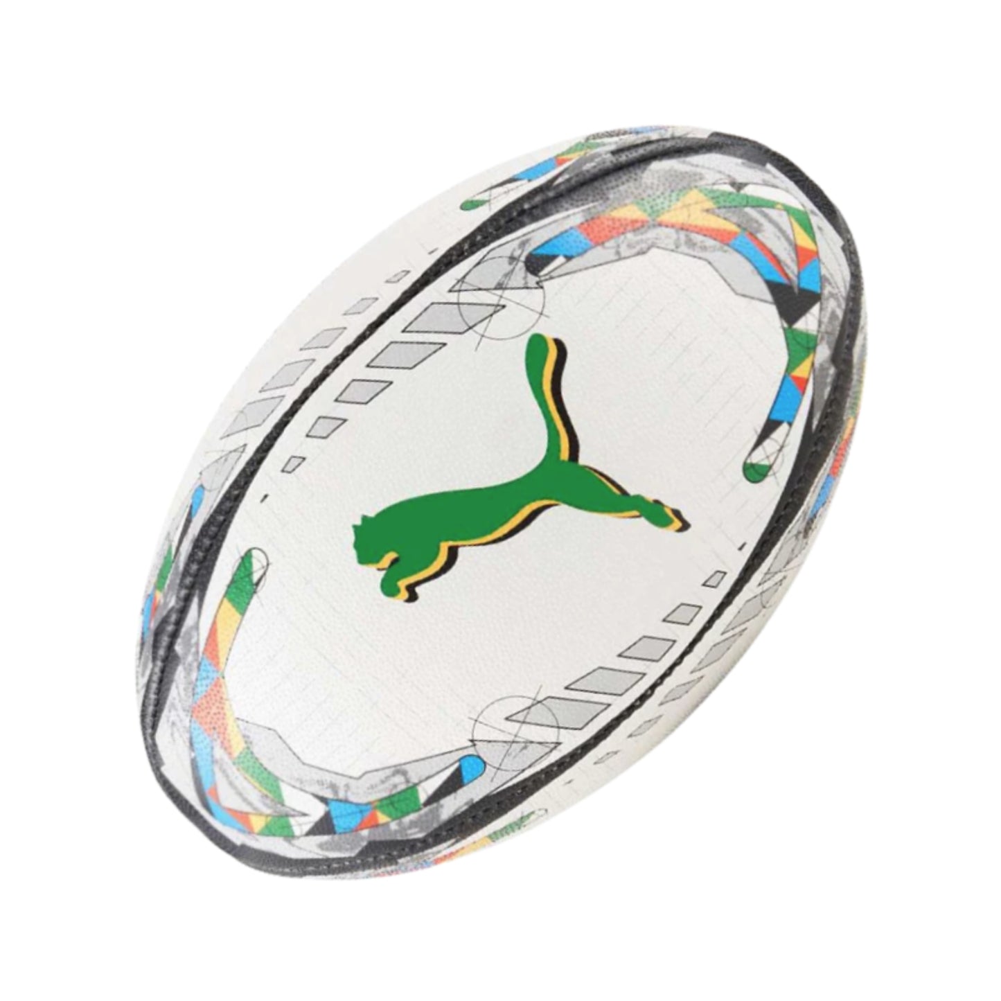 Puma rugby ball with colorful patterns on a white background