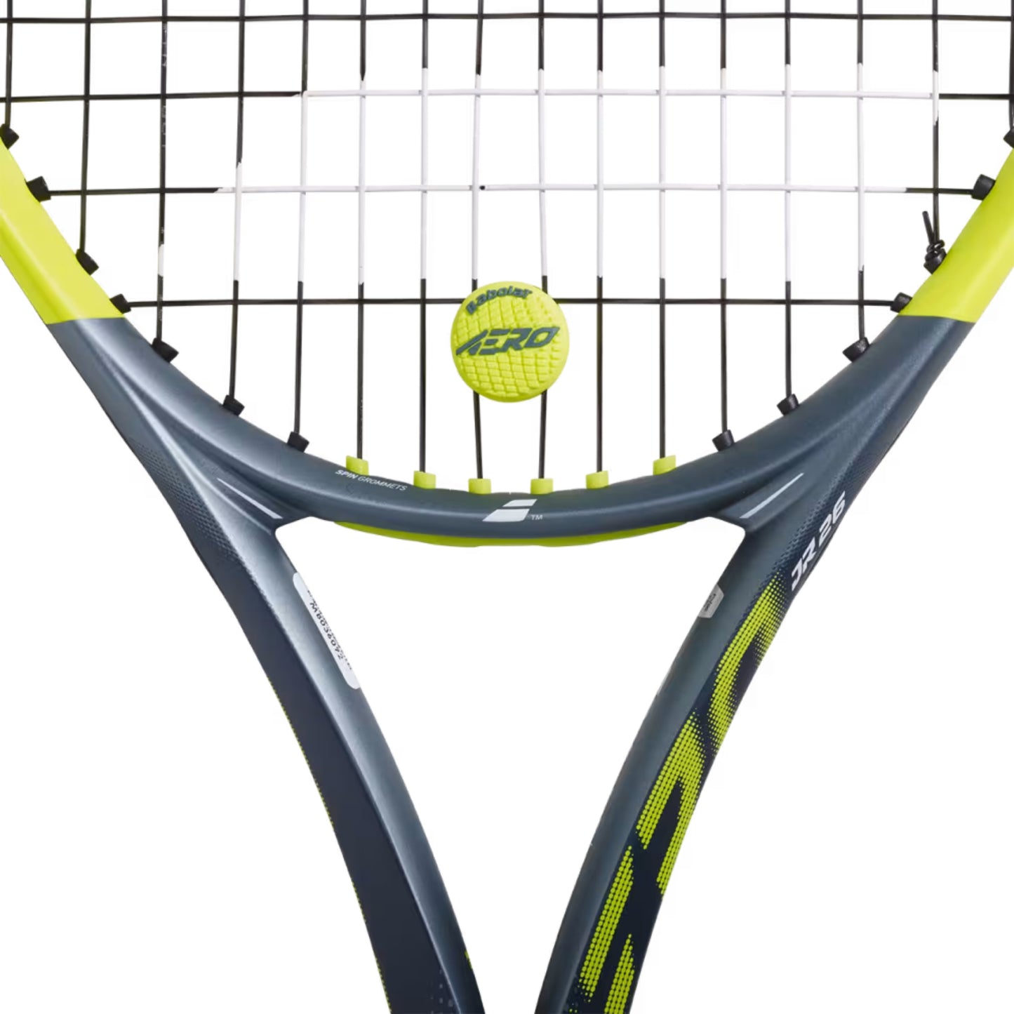 Tennis racket with a yellow dampener on a white background