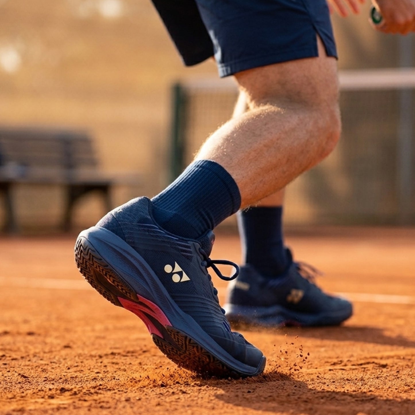 Person wearing blue Yonex tennis shoes on a clay tennis court