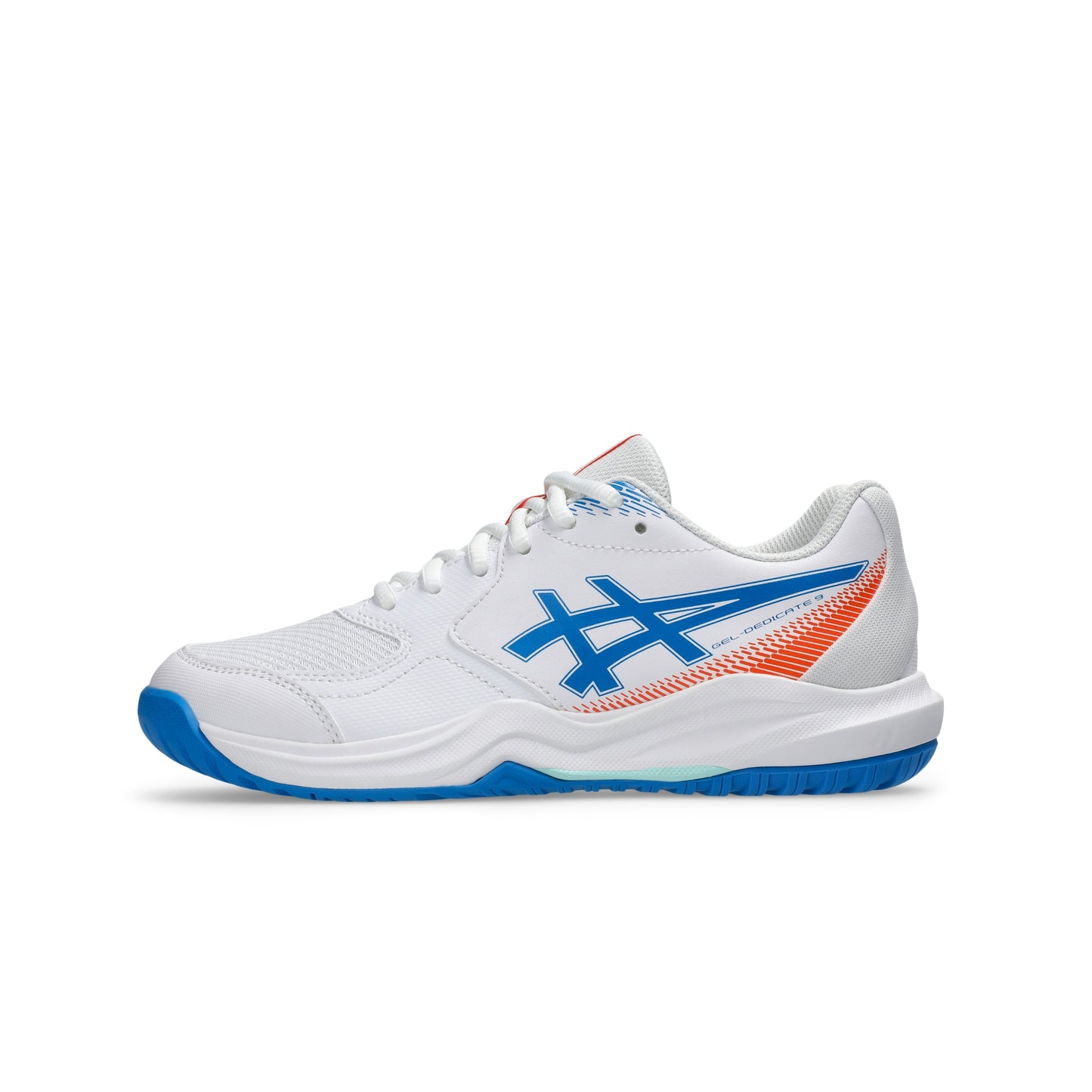 A white ASICS tennis shoe with a blue side stripe logo, an orange and blue heel accent, and a blue outsole, shown in a side profile on a white background.