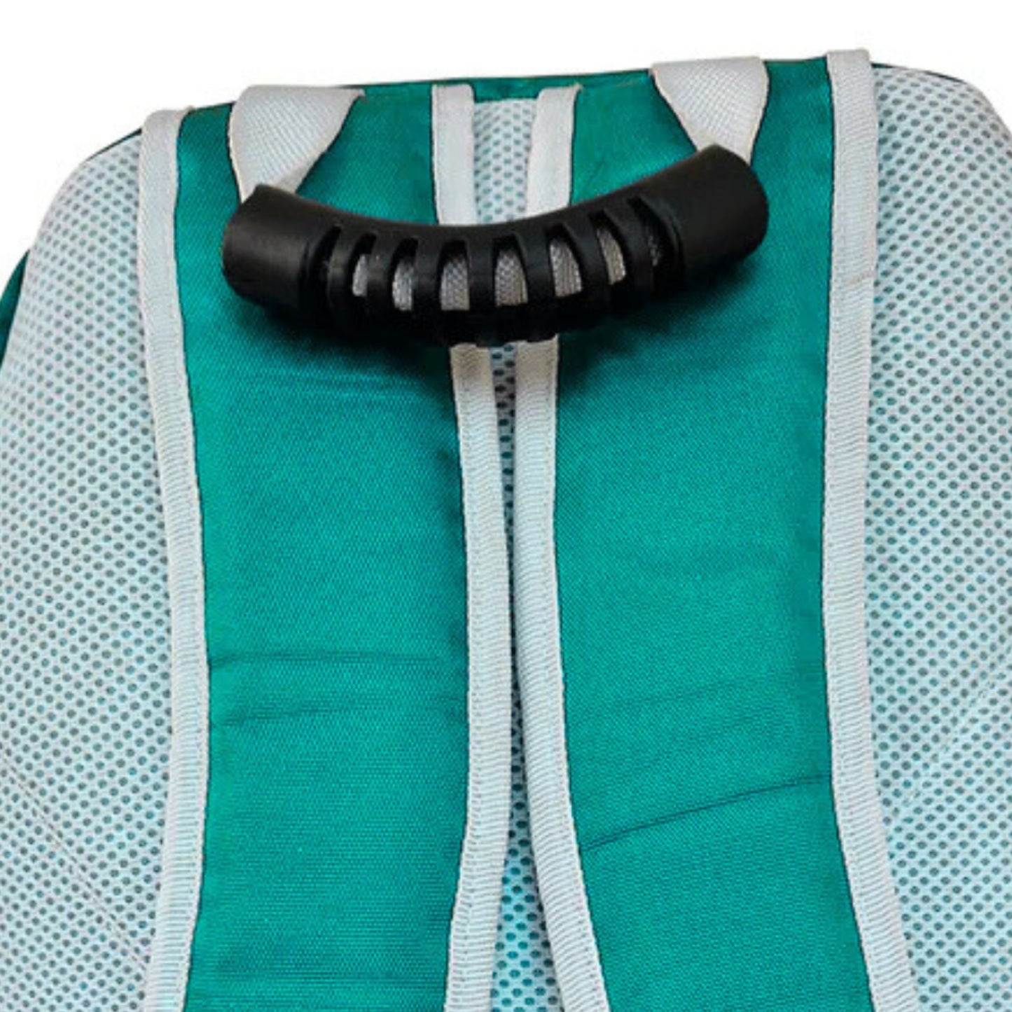 Close-up of the Mercian teal backpack with a black handle on a white background