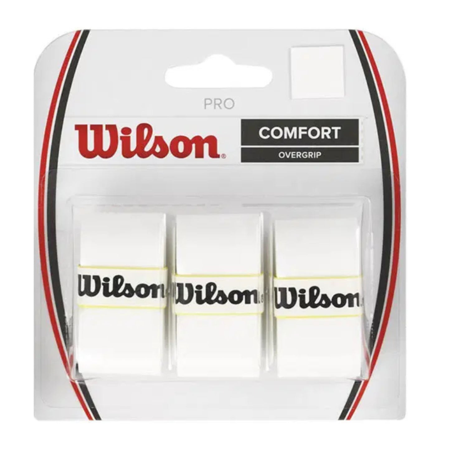Pack of white Wilson tennis overgrips with clear packaging on a white background