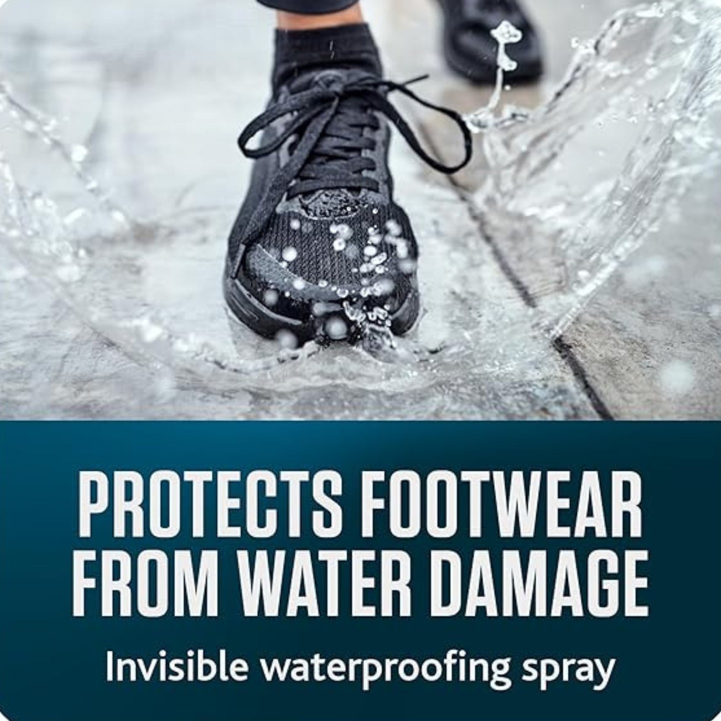 Foot wearing a black shoe stepping into water with text about waterproofing spray.