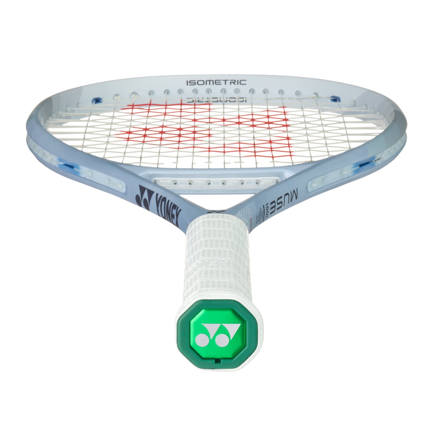 Silver tennis racket with Yonex logo on a white background