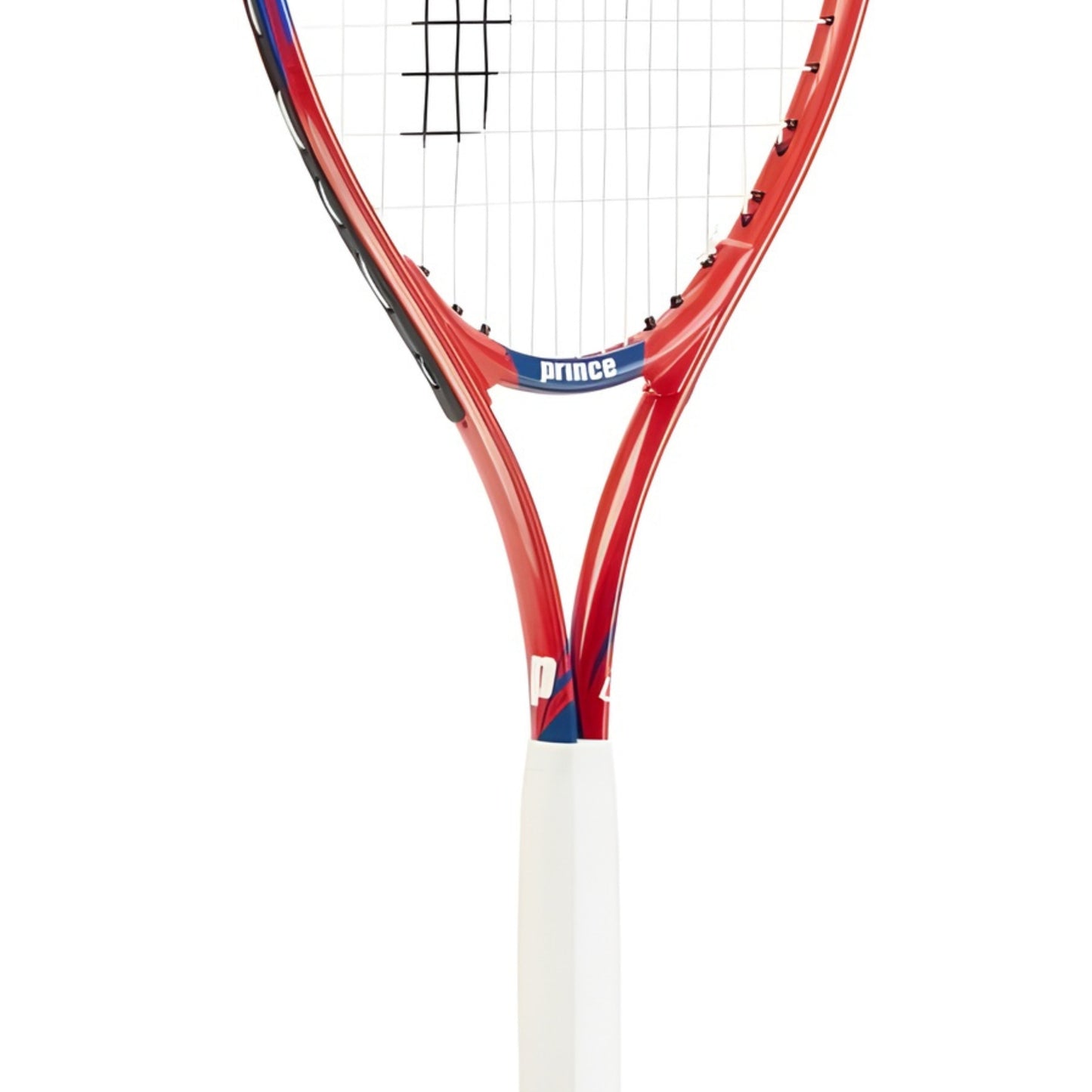 Red tennis racket with white handle and blue accents on a white background