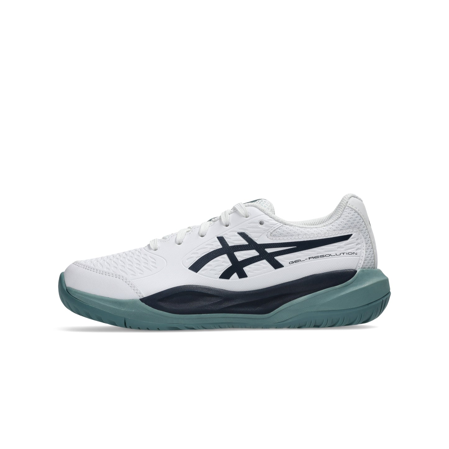 White, navy and green Asics tennis shoe on a white background