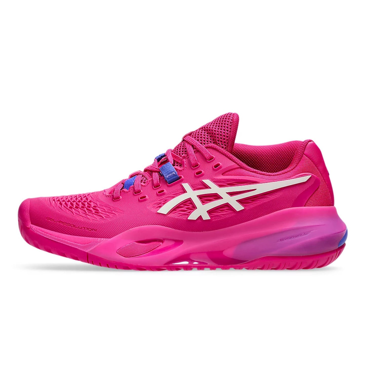 Pink tennis shoe with white logo on a white background