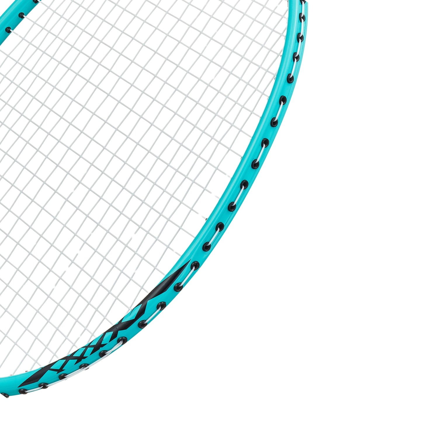 Close-up of a mint badminton racket with black strings on a white background