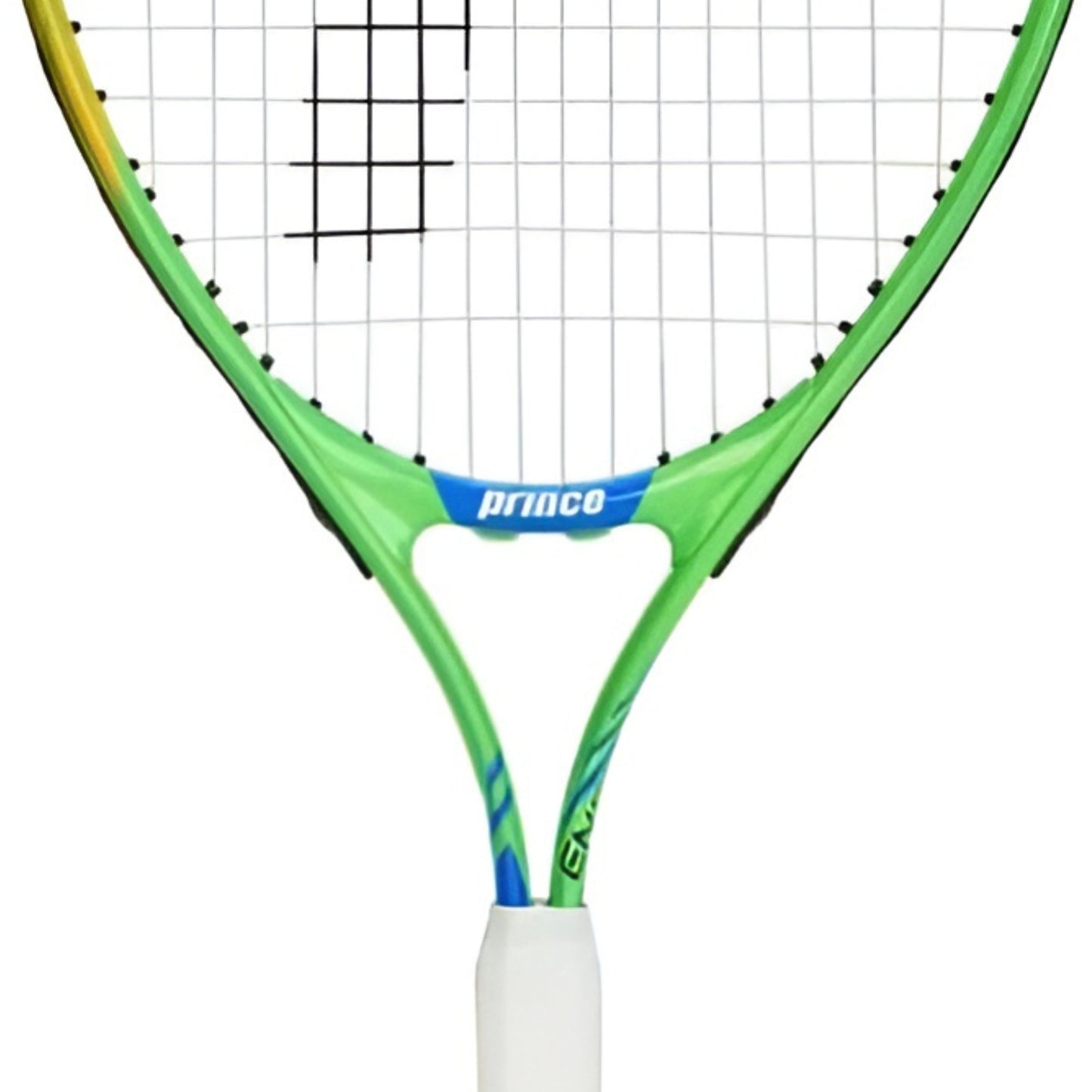 Green tennis racket with white handle on a white background
