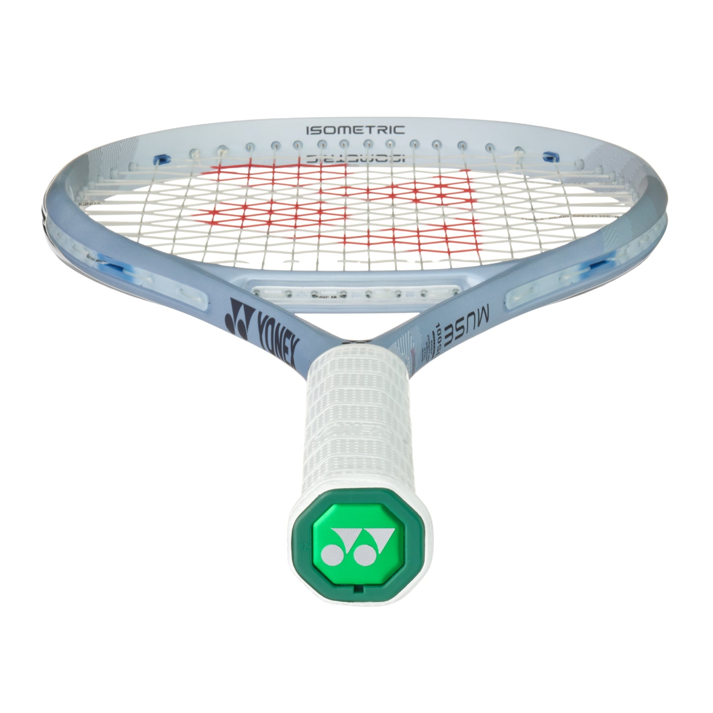 Silver Yonex tennis racket with a white handle and blue frame on a white background