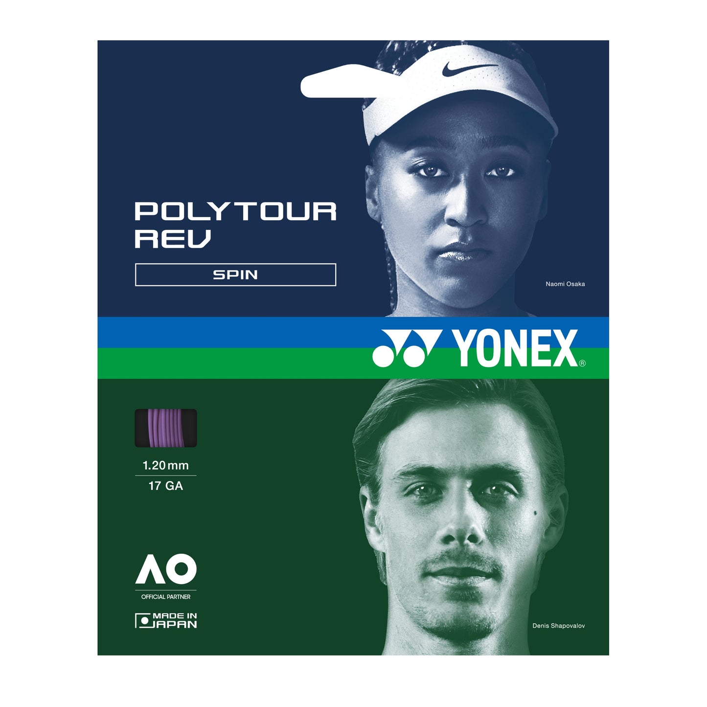Yonex tennis string packaging with two faces and product details on a blue and green background