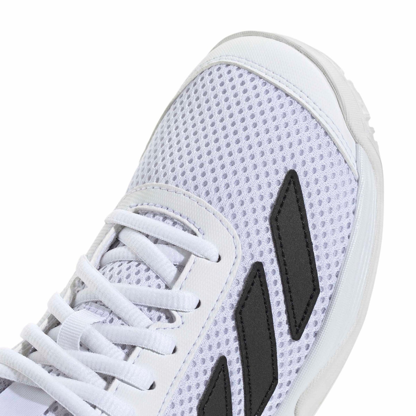 White Adidas tennis shoe with black accents on a white background
