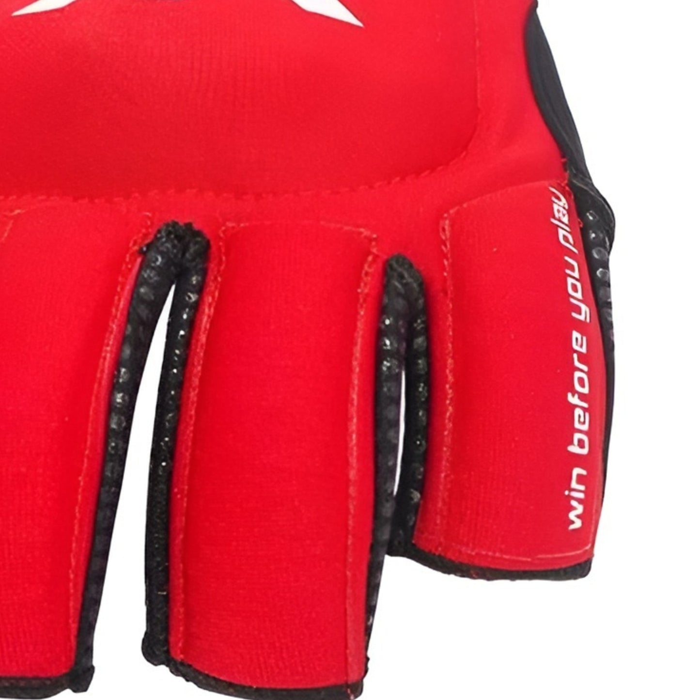 Red boxing glove with black accents and 'win before you play' text on a white background