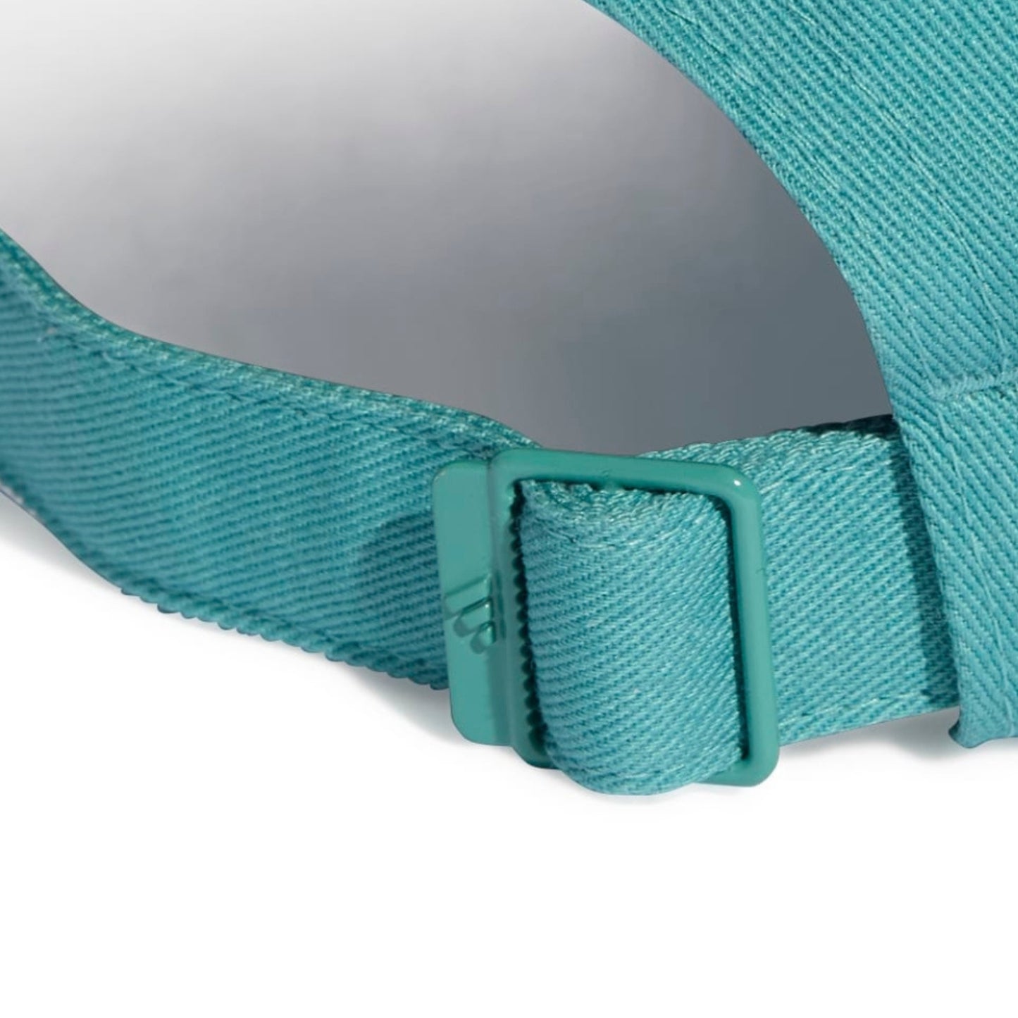 Close-up of a cap teal strap with a buckle on a white background