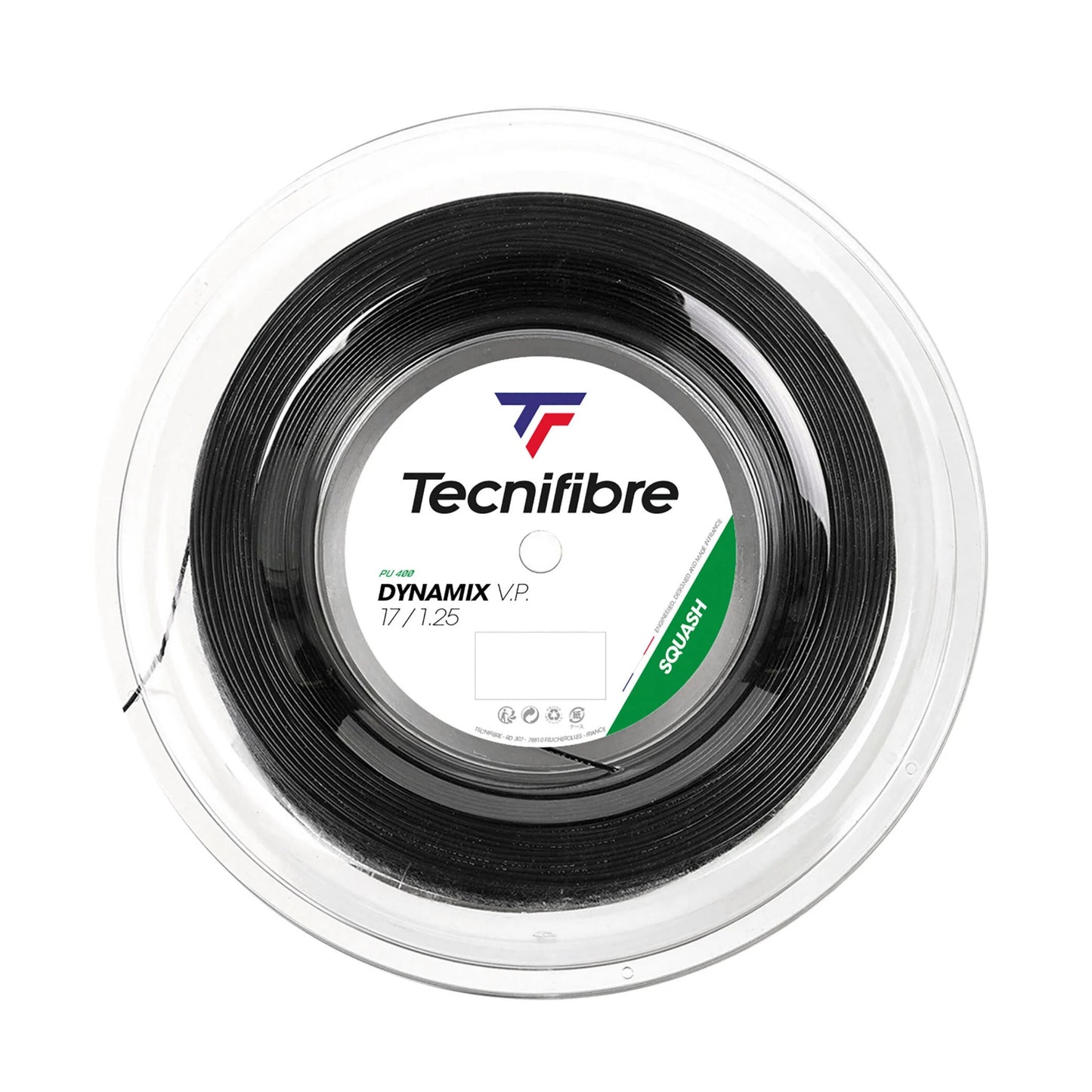 Tecnifibre Dynamix VP tennis string reel on a white background