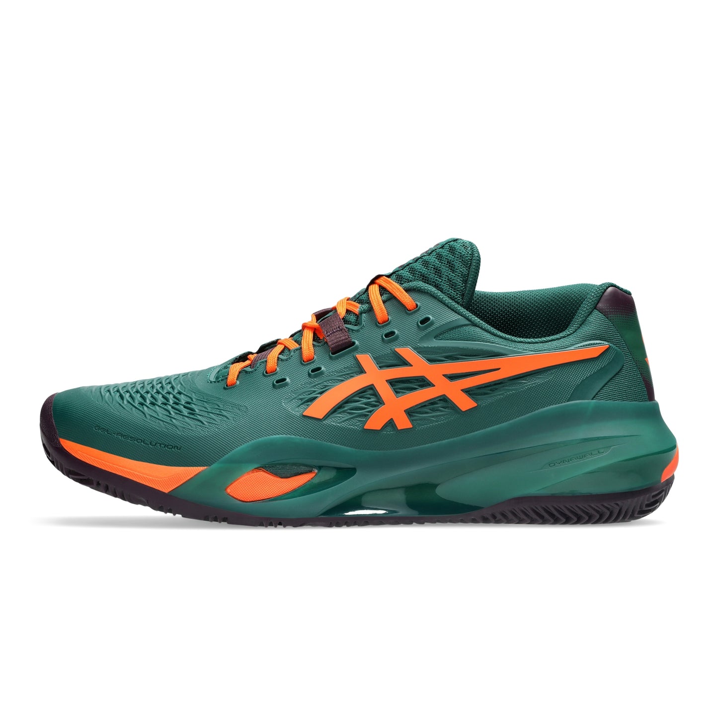 A dark green padel shoe with bright orange accents, including the ASICS logo and laces, shown in a side profile on a white background.