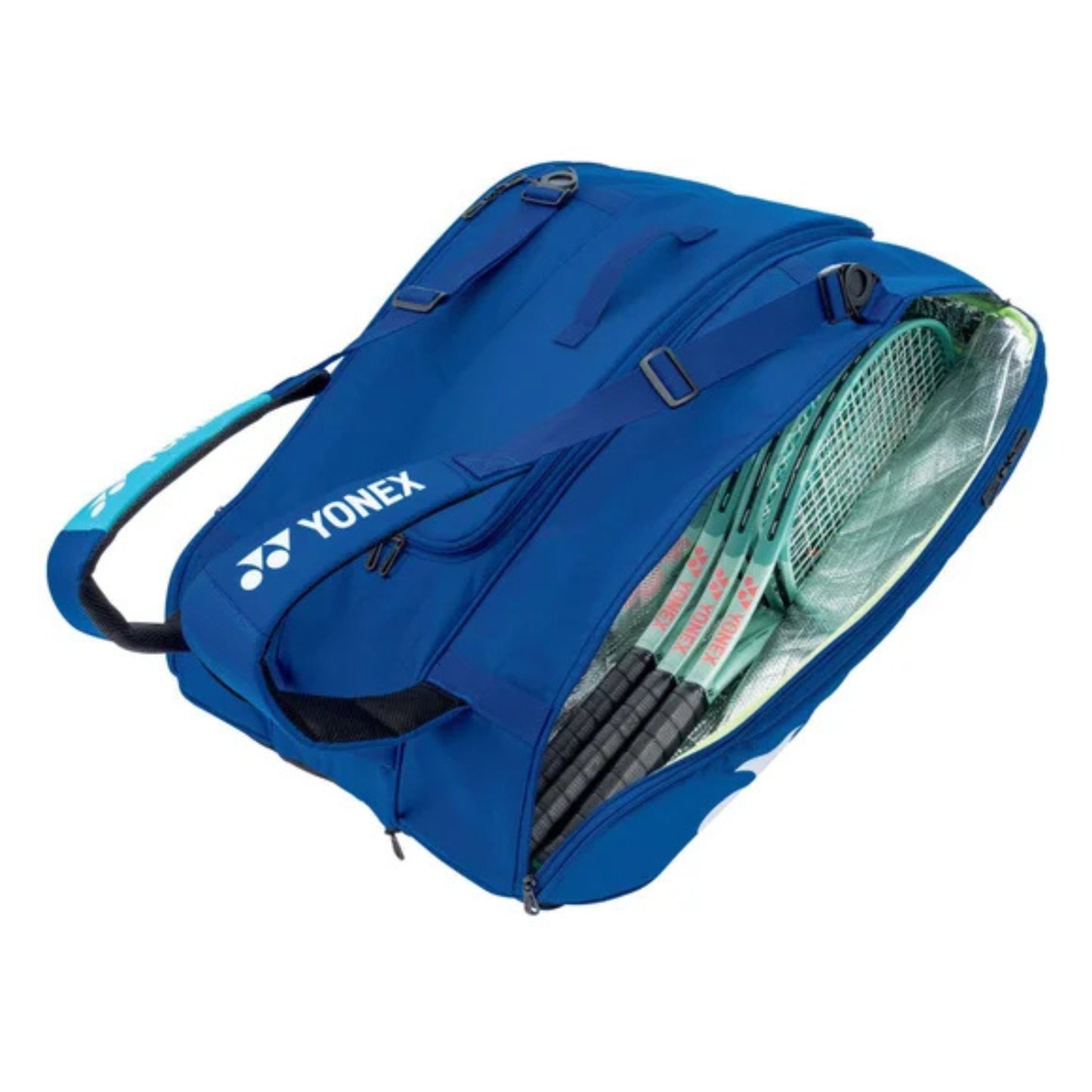 Blue Yonex tennis bag with rackets inside on a white background