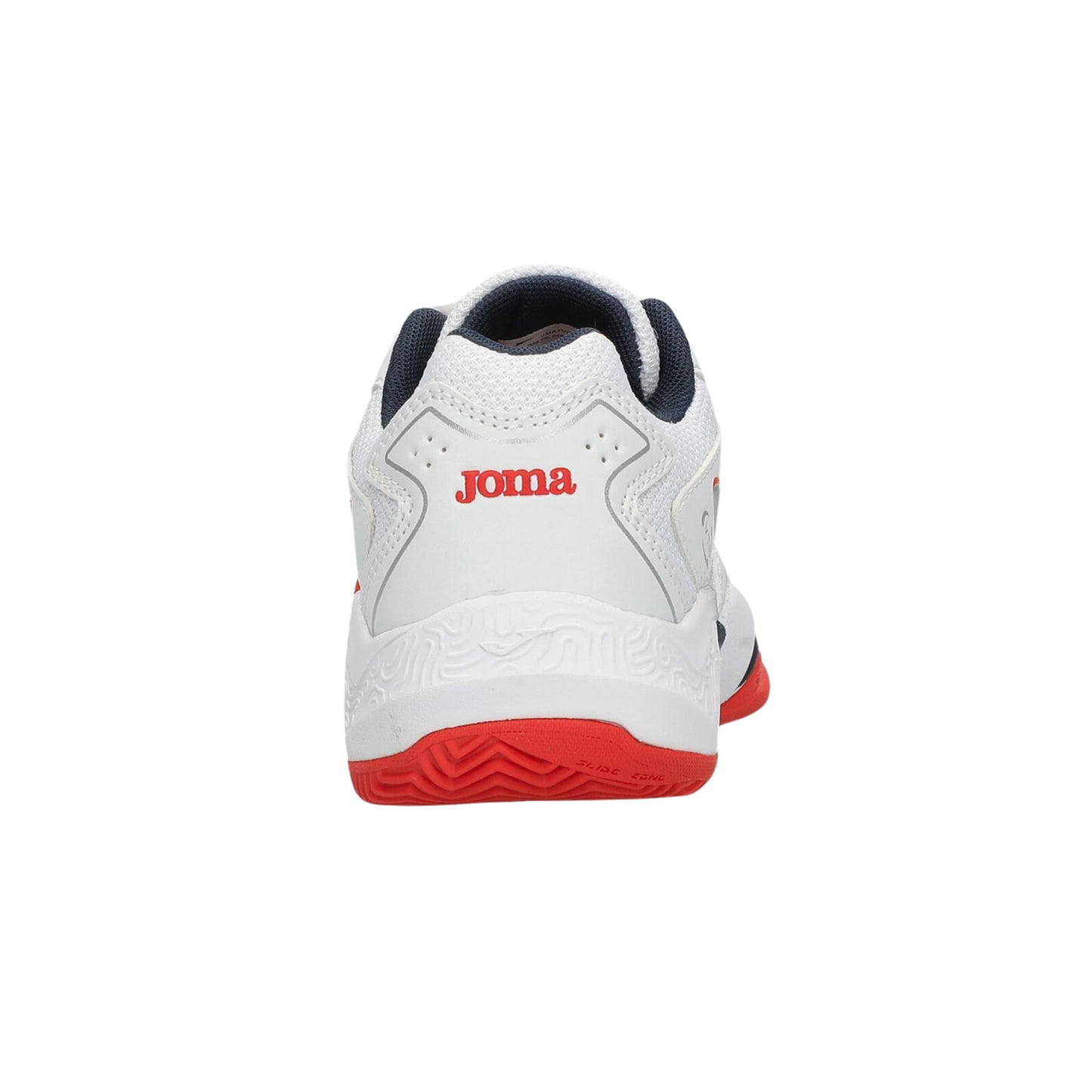White tennis shoe with red sole and Joma logo on a white background